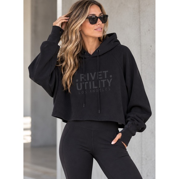 Rivet Utility Tops - Rivet Utility Deven Cropped Hoodie Black Crop Sweatshirt Small Oversized Logo